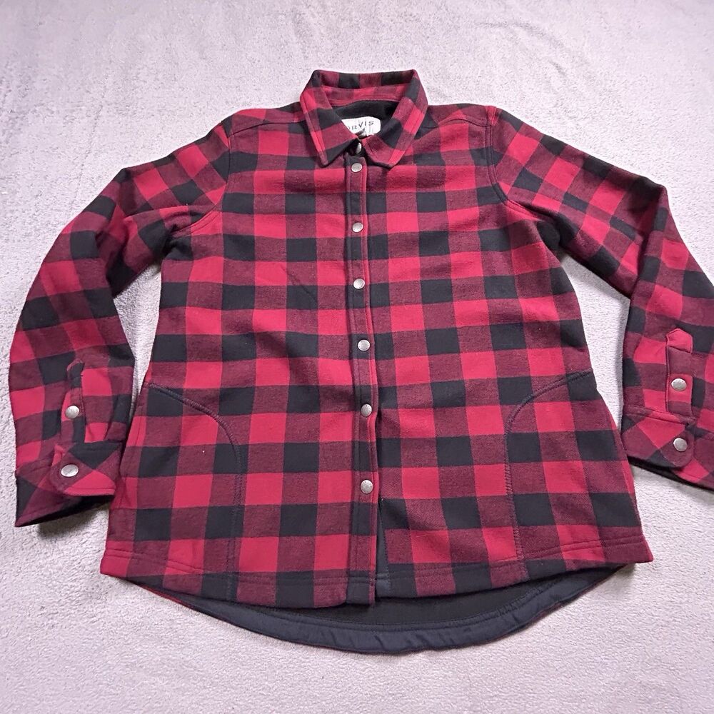 Orvis Flannel Shirt Jacket Womens L Red Black Plaid Fleece Lined Snap Shacket